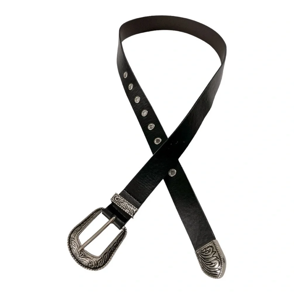 Black Leather Western Engraved Silver Buckle Belt | Size 27 | Boho Cowgirl